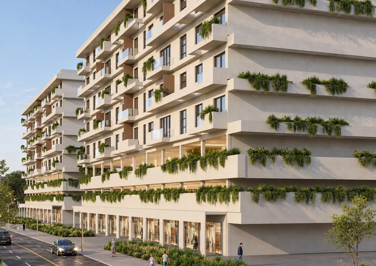 Architectural impression: Infinity Hills Zanzibar — Exterior with planted balconies
