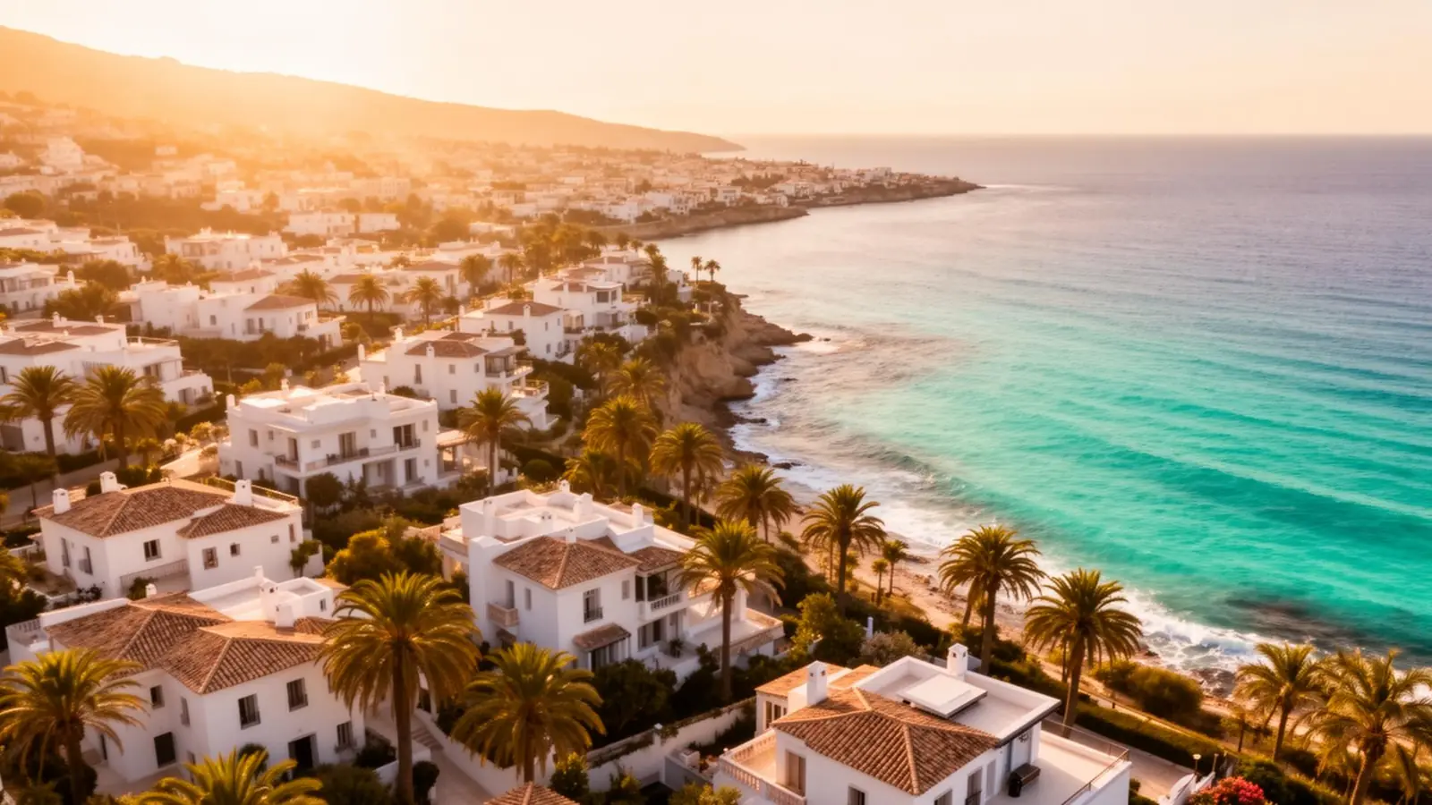Aerial view of turquoise Mediterranean coastline with luxury villas