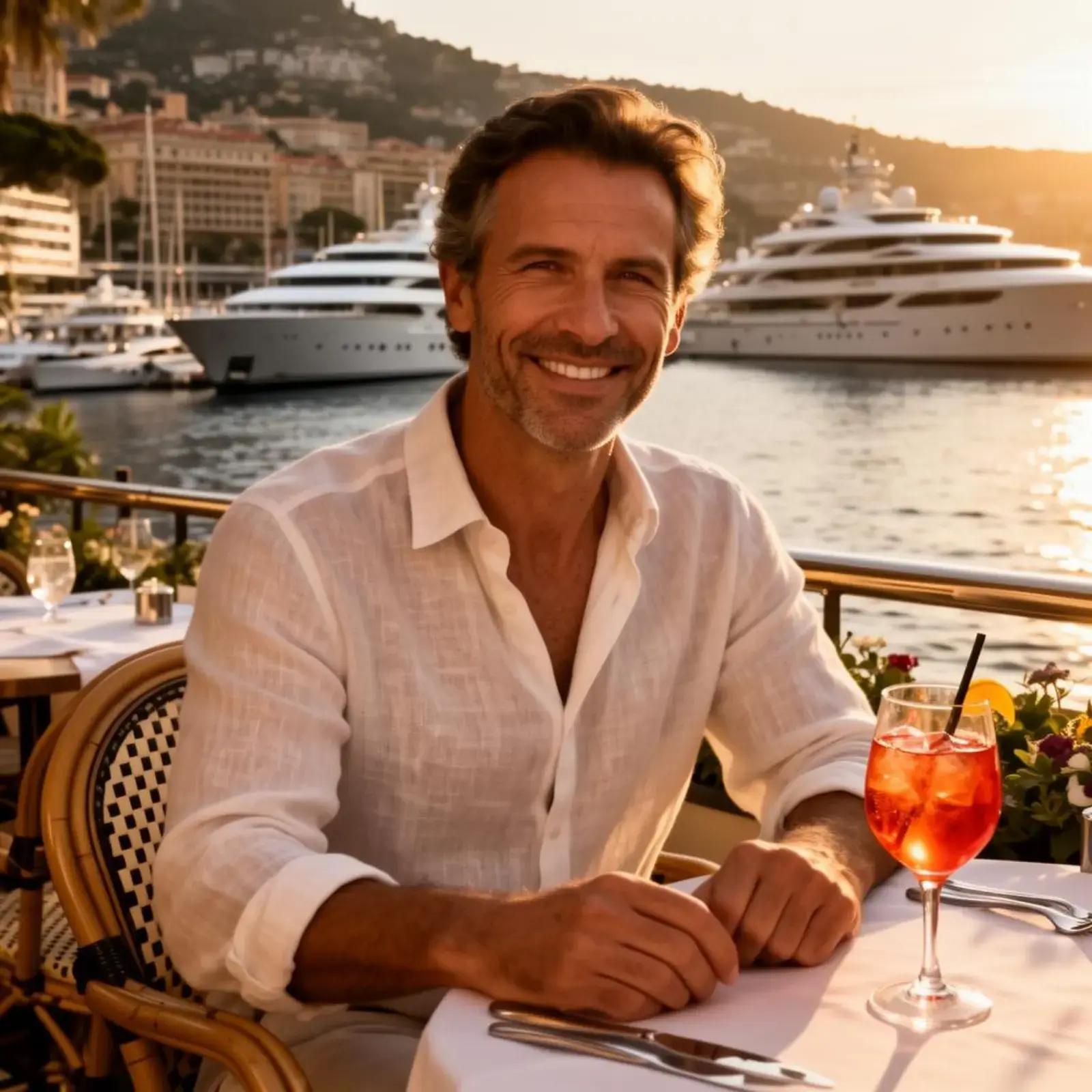 Man enjoying an aperitif at a waterfront restaurant on the Mediterranean coast