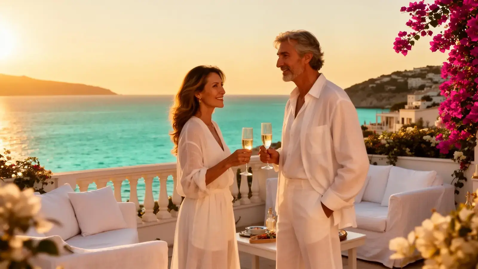 Elegant harbourside dining terrace overlooking the Mediterranean at sunset