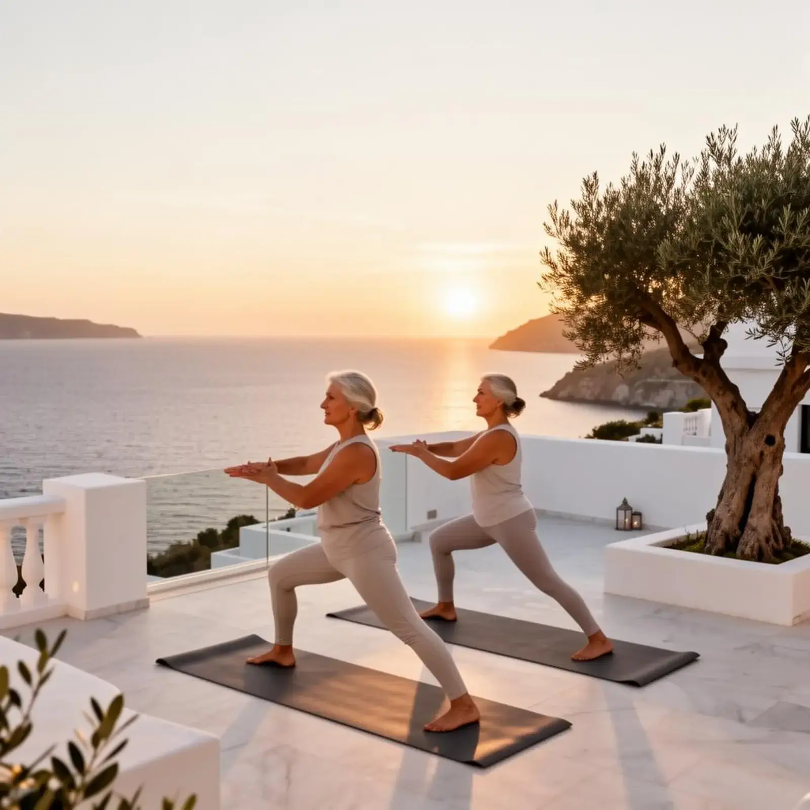 Couple practicing yoga on a seaside terrace overlooking the Mediterranean